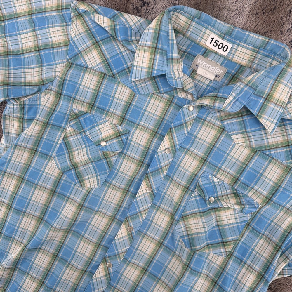 Wrangler Wrancher Pearl Snap SS Shirt Mens XLT Green Blue Plaid Western Rancher